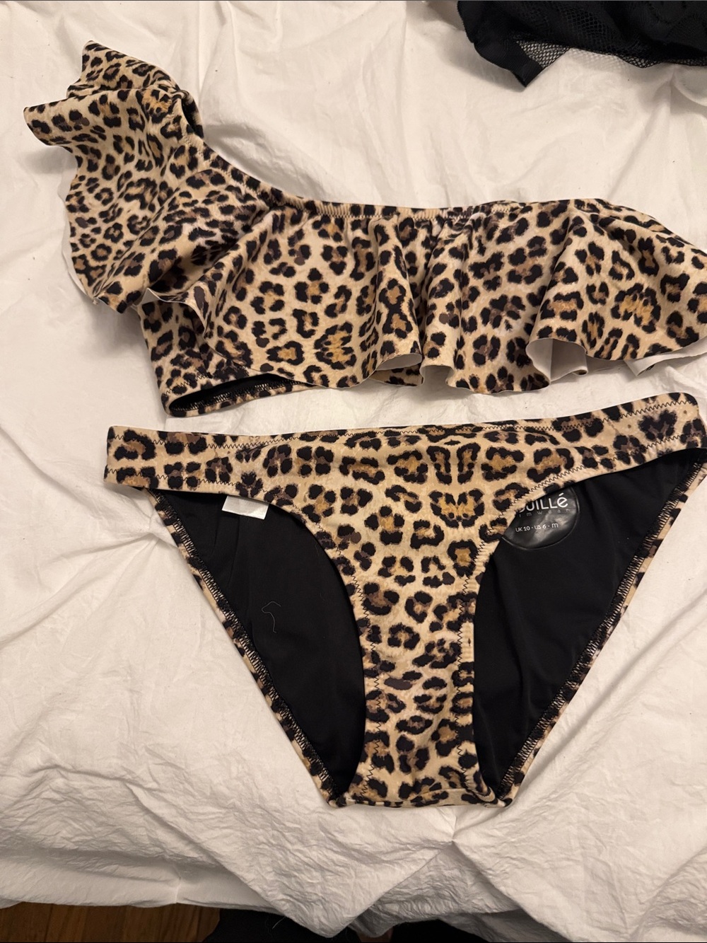 Leopard Print Ruffle One-Shoulder Bikini Set - Brown